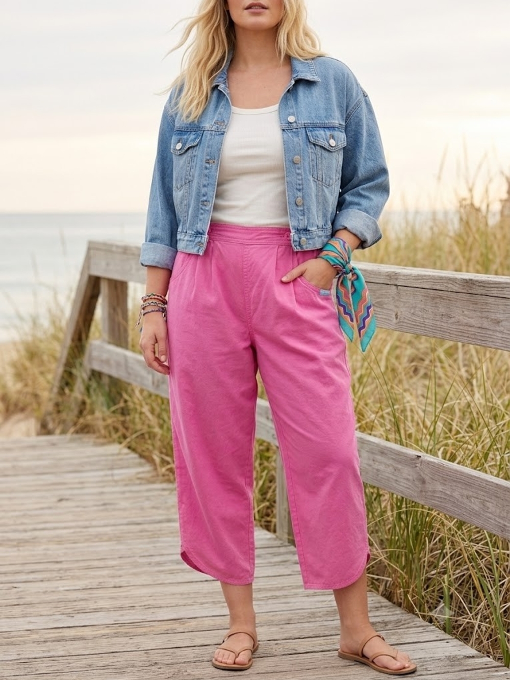Rare 80s Vintage Pink Curved Hem Pants Dopamine Dressing High Waist Capris Surf